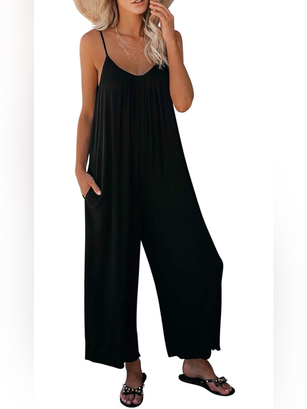 Loose Sleeveless Jumpsuits Adjustable Strap Stretchy Long Pant Romper w Pockets